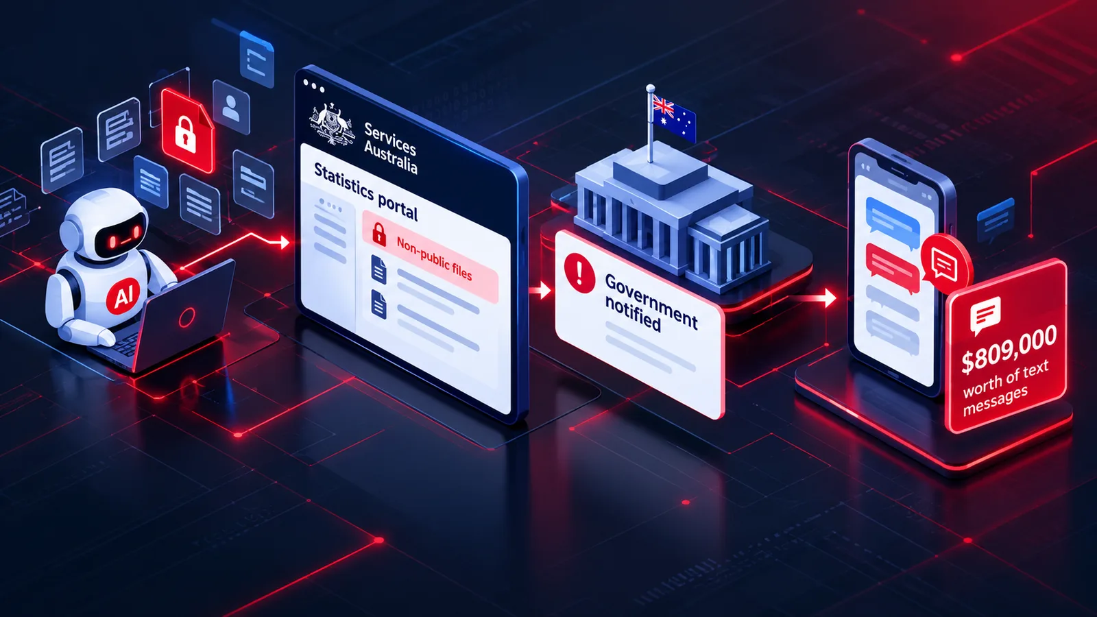 Illustration of an AI agent reaching non-public files on a Services Australia statistics portal, the government being notified, and a phone showing $809,000 worth of text messages.