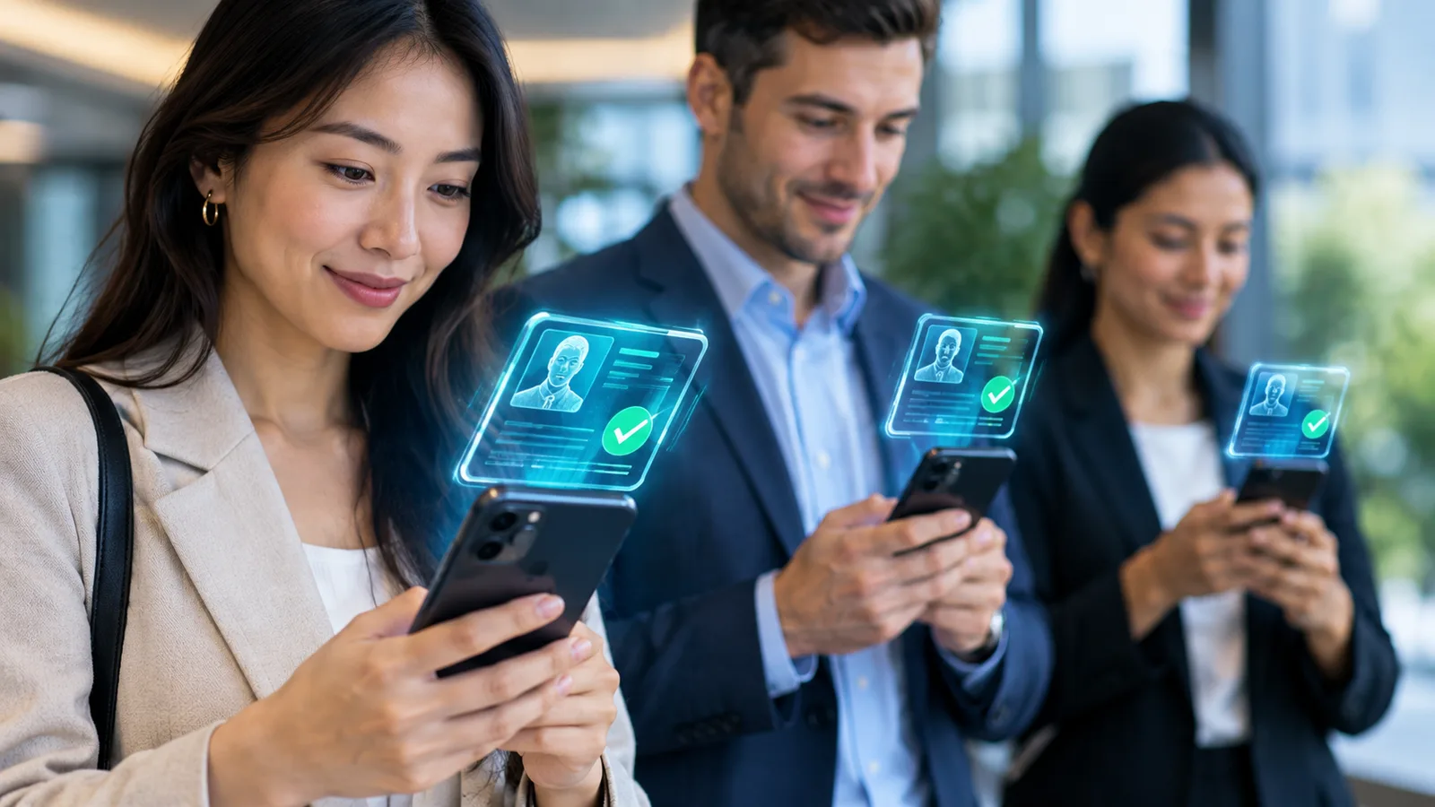 Three colleagues verifying their identity on their phones, each with a floating ID card showing a green tick.