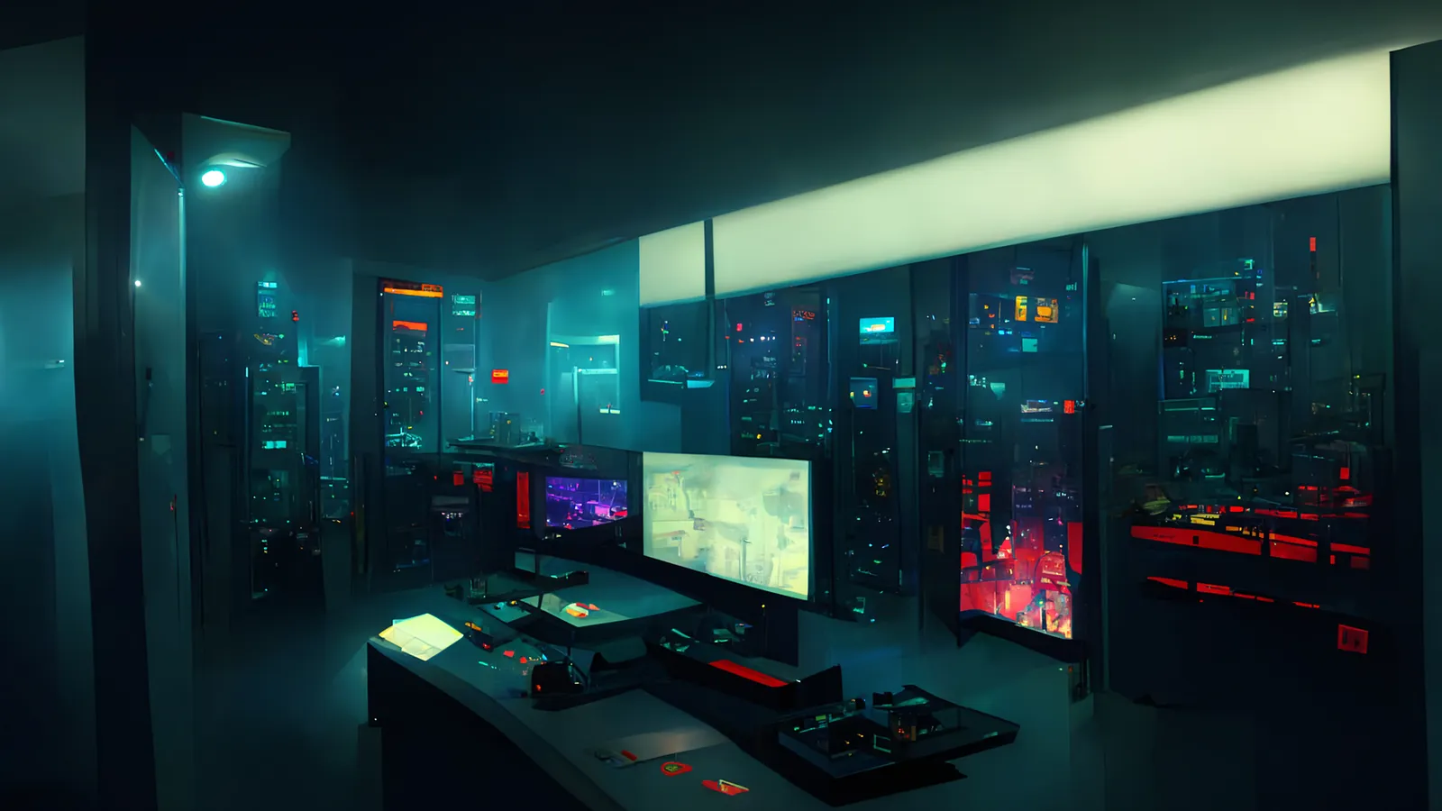 A dark control room with glowing screens, looking out over a city lit up at night.